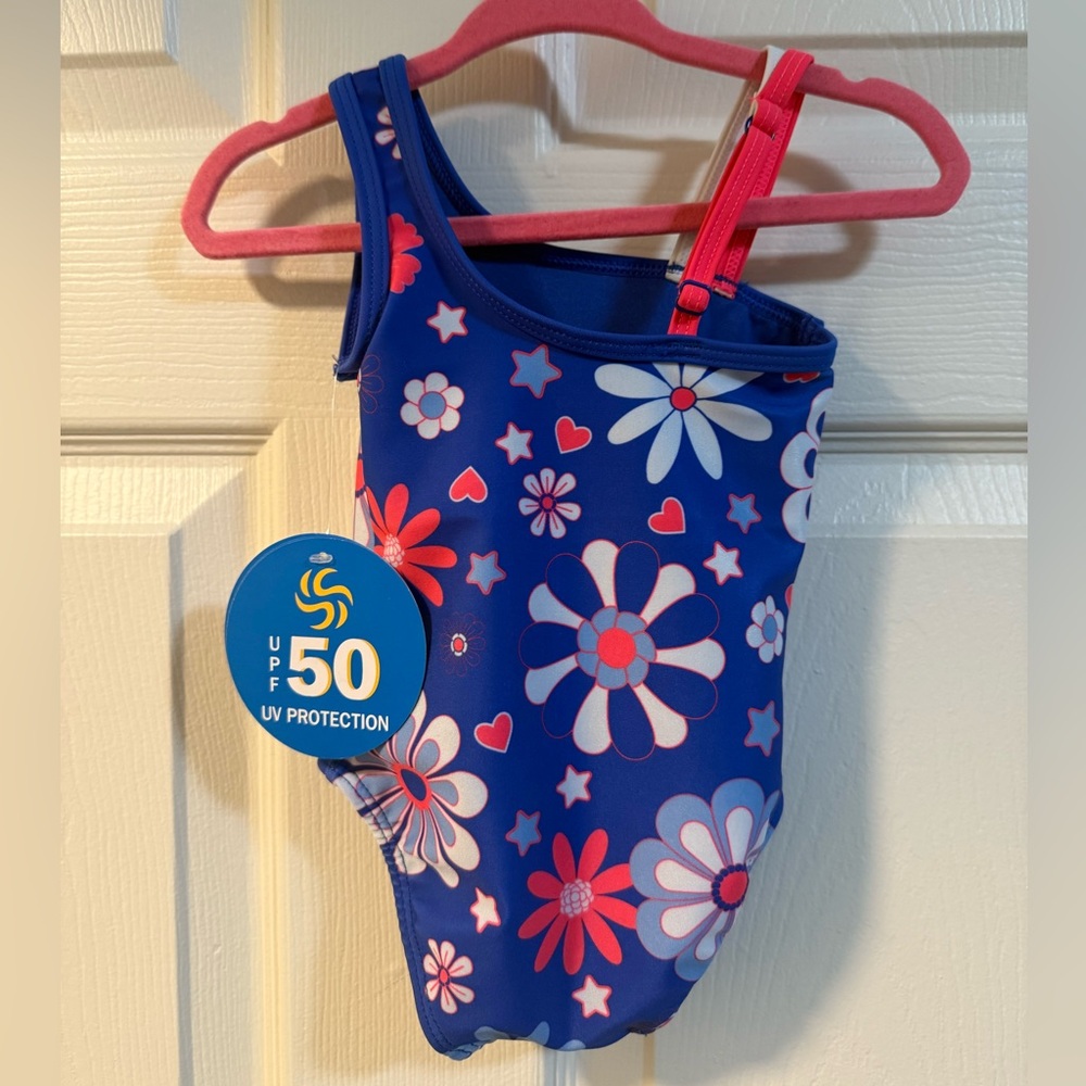 Baby Girls Blue Floral One Shoulder Swimsuit | Size 12M | NWT UPF 50 - Picture 3 of 4